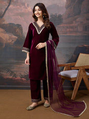 Velvet Embroidered V-Neck Kurta, Pant and Dupatta Set.