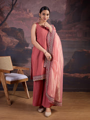 Silk Blend Sleeveless Kurta, Palazzo and Dupatta Set.