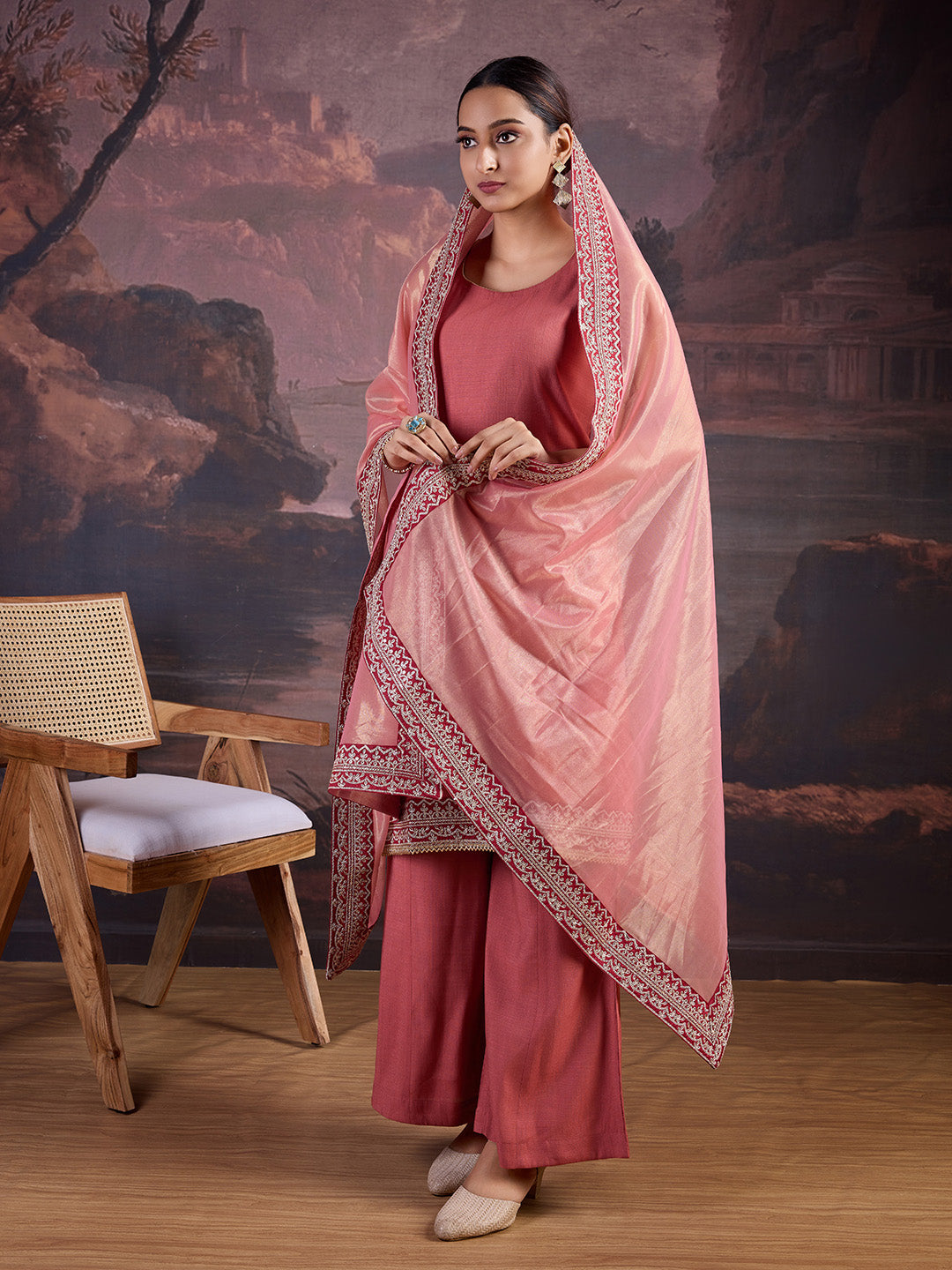 Silk Blend Sleeveless Kurta, Palazzo and Dupatta Set