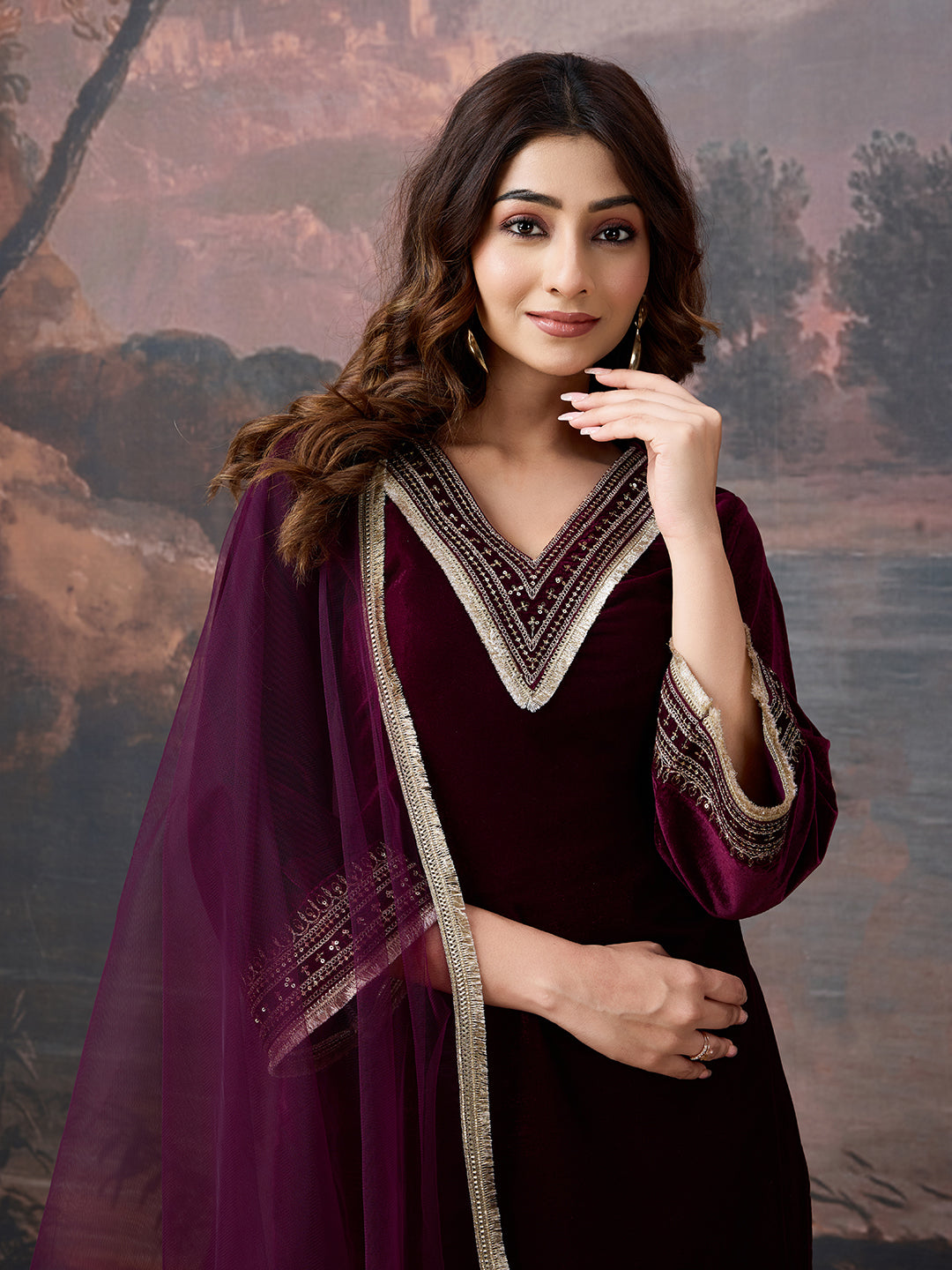 Velvet Embroidered V-Neck Kurta, Pant and Dupatta Set
