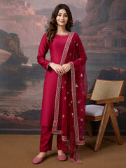 Silk Blend Round Neck Kurta, Pant and Dupatta Set.