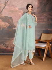 Mint Green Color Chanderi Cotton Silk Kurta Set