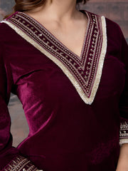 Velvet Embroidered V-Neck Kurta, Pant and Dupatta Set.