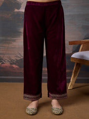 Velvet Embroidered V-Neck Kurta, Pant and Dupatta Set.