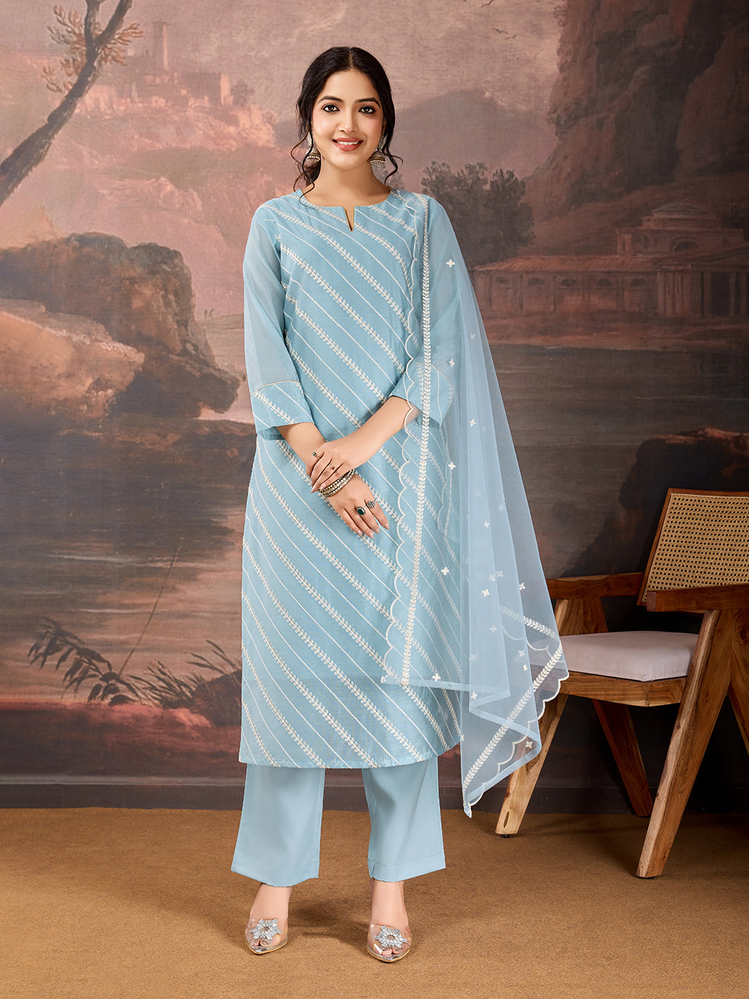 Sky Blue Chanderi Cotton Silk Kurta Set.