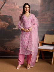 Pink Color Organza Floral Printed Kurta Set