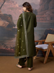 Silk Blend Round Neck Kurta, Pant and Dupatta Set.