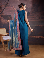 Silk Blend Sleeveless Kurta, Palazzo and Dupatta Set.