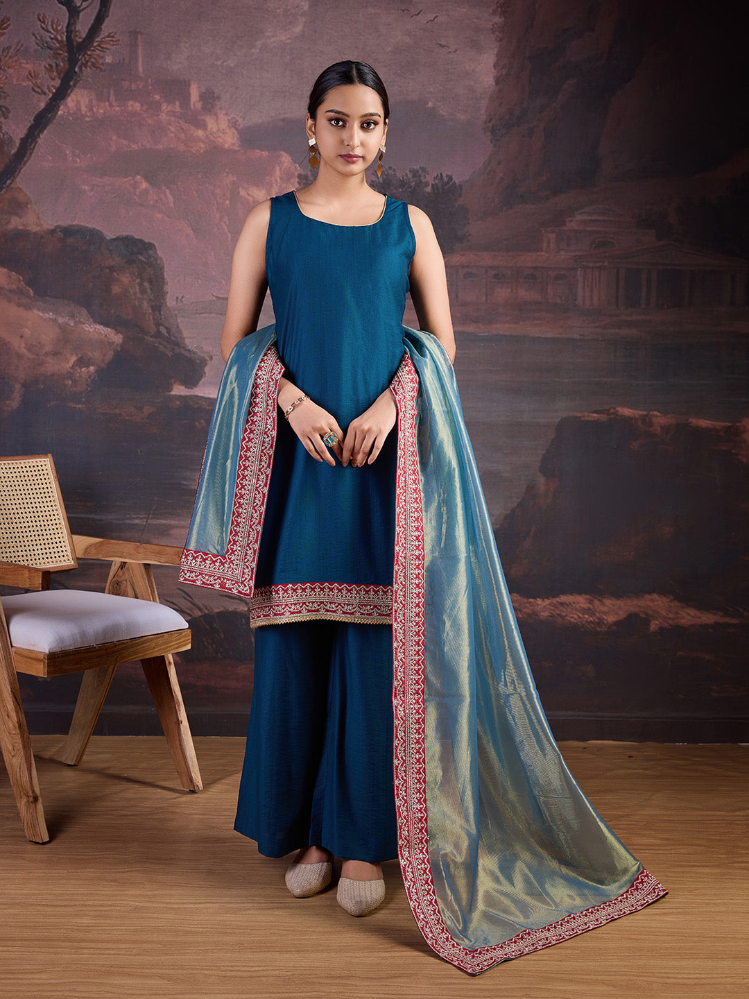 Silk Blend Sleeveless Kurta, Palazzo and Dupatta Set.