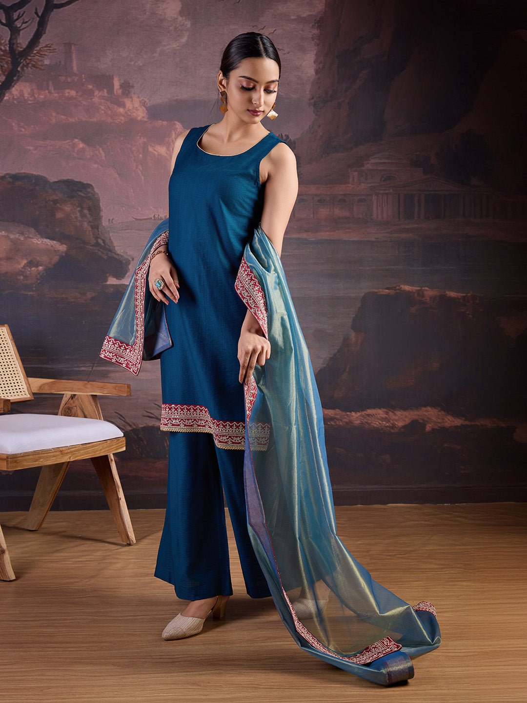 Silk Blend Sleeveless Kurta, Palazzo and Dupatta Set