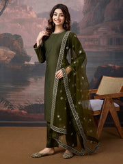 Silk Blend Round Neck Kurta, Pant and Dupatta Set.