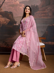 Pink Color Organza Floral Printed Kurta Set