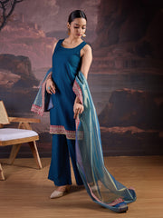 Silk Blend Sleeveless Kurta, Palazzo and Dupatta Set.