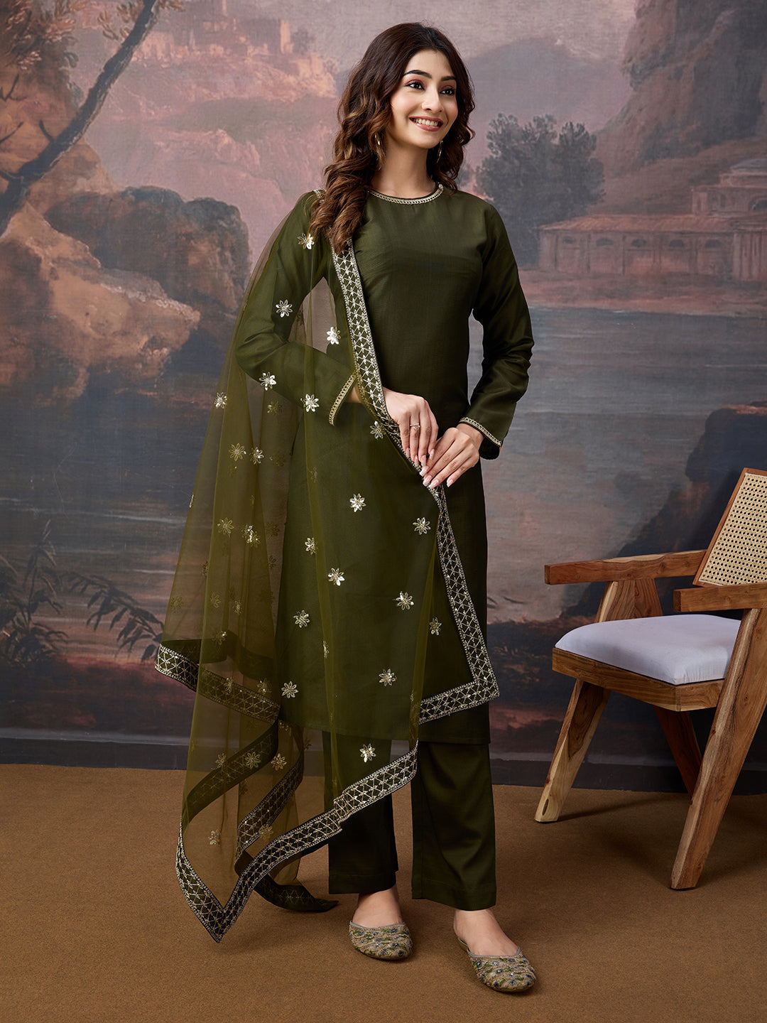 Silk Blend Round Neck Kurta, Pant and Dupatta Set