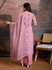 Pink Color Organza Floral Printed Kurta Set