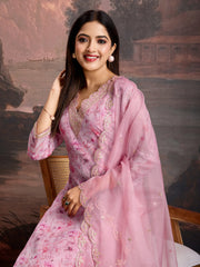 Pink Color Organza Floral Printed Kurta Set