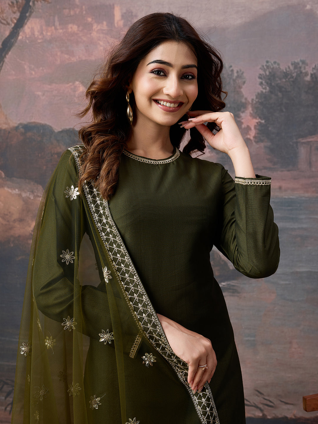 Silk Blend Round Neck Kurta, Pant and Dupatta Set
