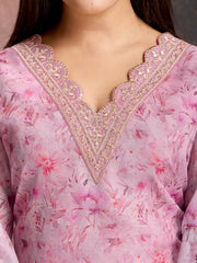 Pink Color Organza Floral Printed Kurta Set