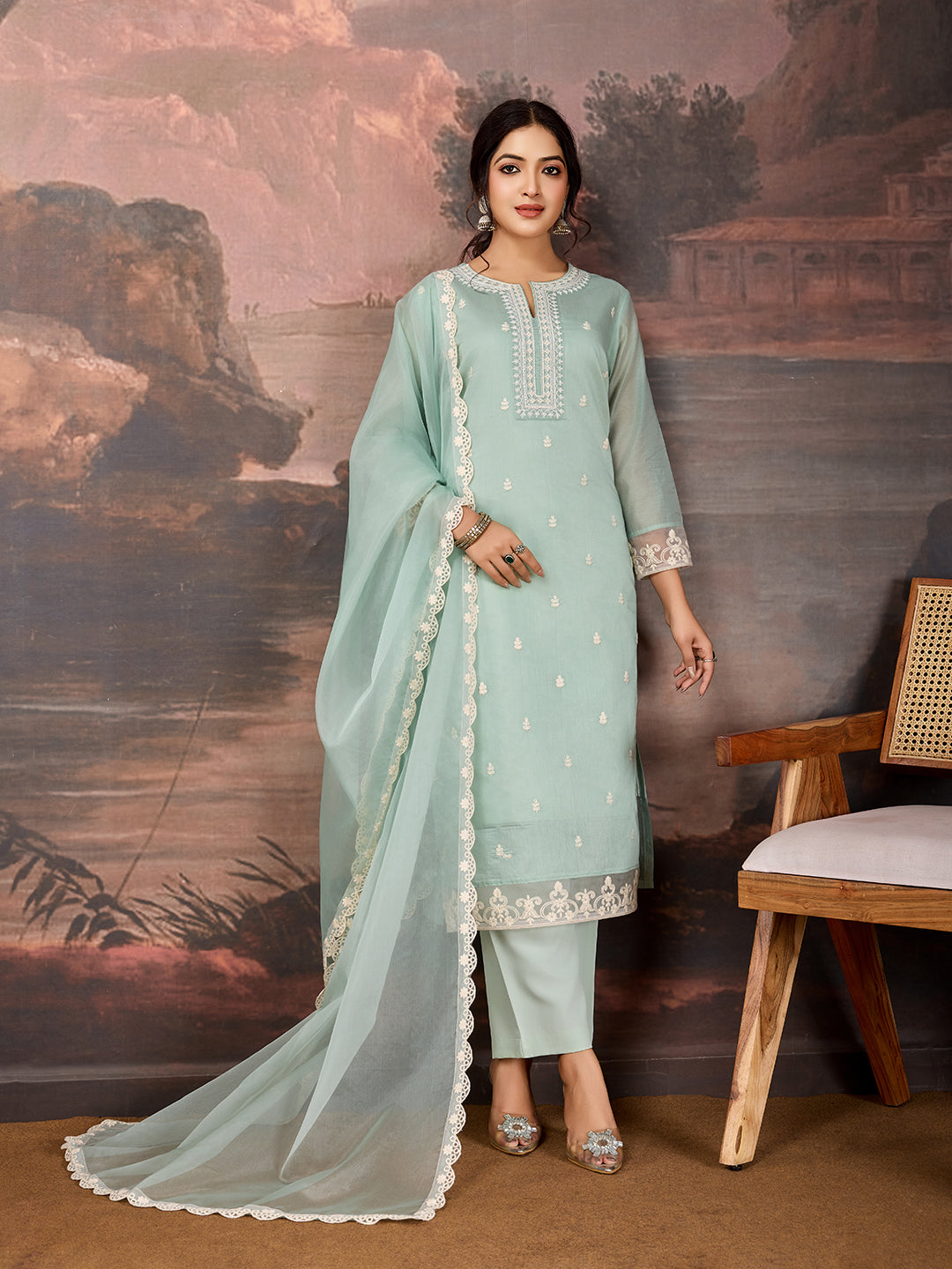 Mint Green Color Chanderi Cotton Silk Kurta Set