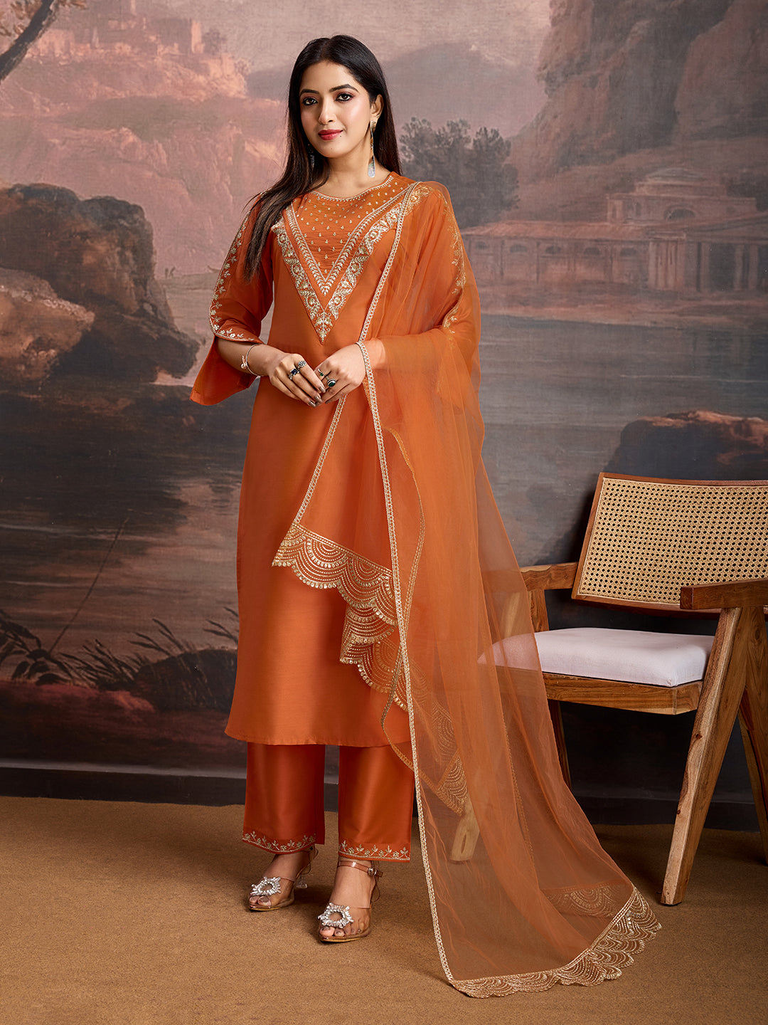 Rust Color Silk Blend Embroidered Kurta Set.