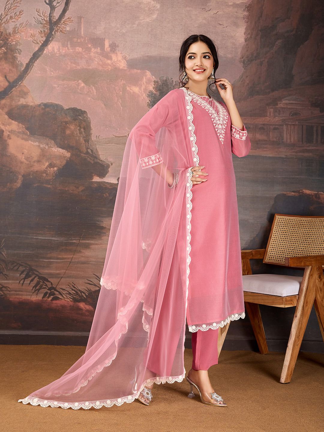 Rose Pink Chanderi Cotton Silk Kurta Set with neck embroidery