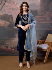 Velvet Embroidered Round Neck Kurta, Pant and Dupatta Set