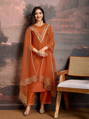 Rust Color Silk Blend Embroidered Kurta Set.