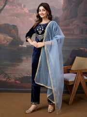 Velvet Embroidered Round Neck Kurta, Pant and Dupatta Set