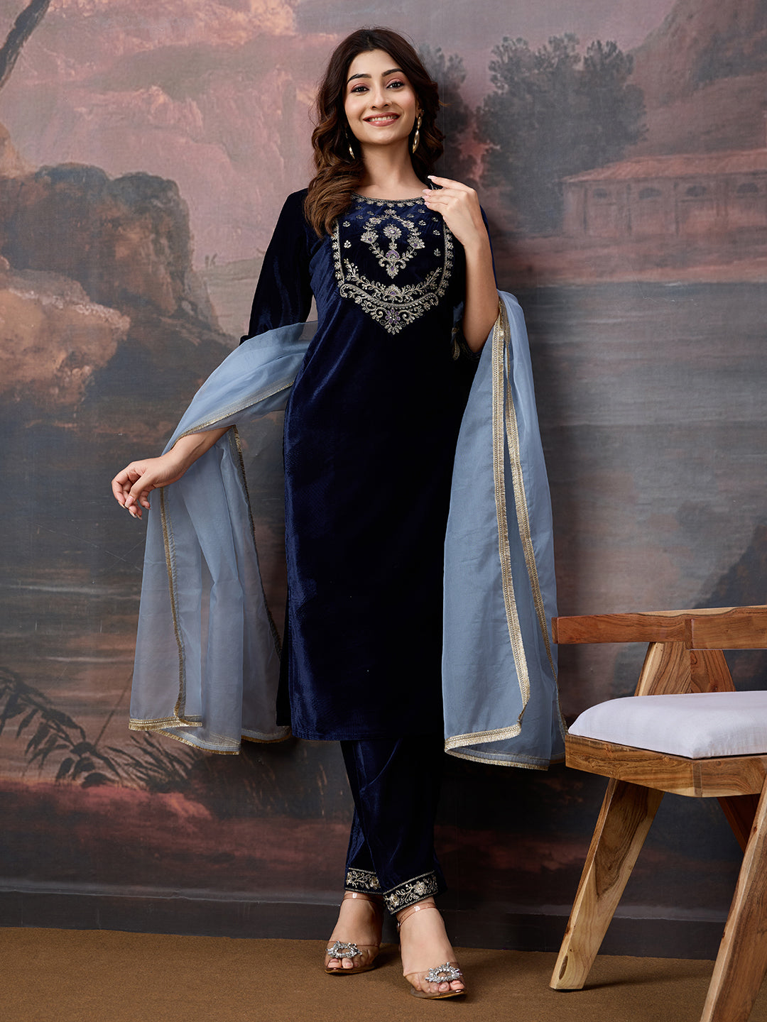 Velvet Embroidered Round Neck Kurta, Pant and Dupatta Set