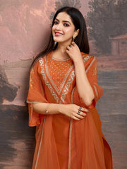 Rust Color Silk Blend Embroidered Kurta Set.