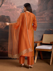 Rust Color Silk Blend Embroidered Kurta Set.