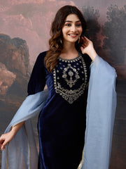 Velvet Embroidered Round Neck Kurta, Pant and Dupatta Set