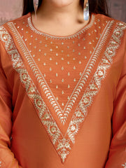 Rust Color Silk Blend Embroidered Kurta Set.