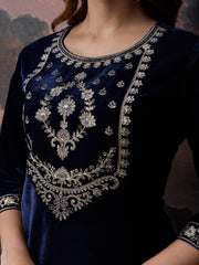 Velvet Embroidered Round Neck Kurta, Pant and Dupatta Set