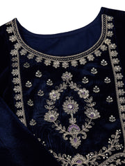 Velvet Embroidered Round Neck Kurta, Pant and Dupatta Set