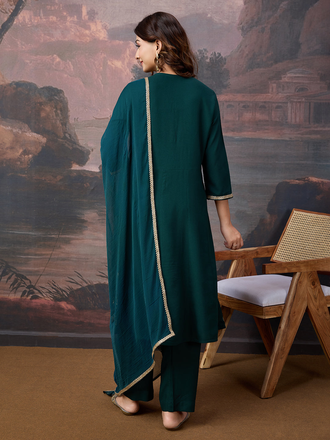 Rayon Embroidered Flared Kurta, Pant, and Chiffon Dupatta Set