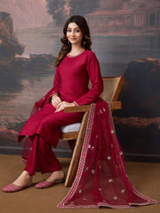 Silk Blend Round Neck Kurta, Pant and Dupatta Set.