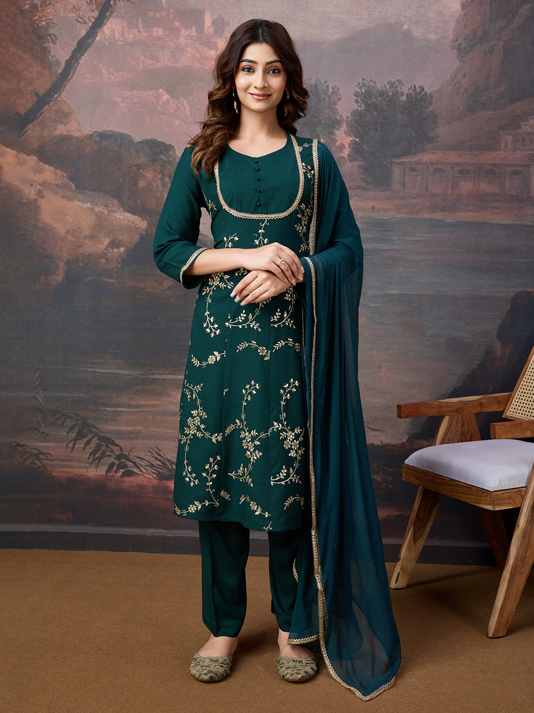 Rayon Embroidered Flared Kurta, Pant, and Chiffon Dupatta Set.