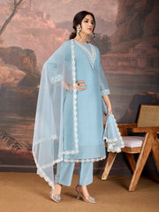 Sky Blue Chanderi Cotton Silk Kurta Set