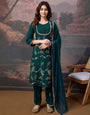 Rayon Embroidered Flared Kurta, Pant, and Chiffon Dupatta Set.