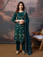 Rayon Embroidered Flared Kurta, Pant, and Chiffon Dupatta Set.