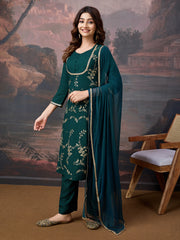 Rayon Embroidered Flared Kurta, Pant, and Chiffon Dupatta Set.