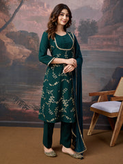 Rayon Embroidered Flared Kurta, Pant, and Chiffon Dupatta Set.