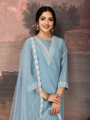 Sky Blue Chanderi Cotton Silk Kurta Set