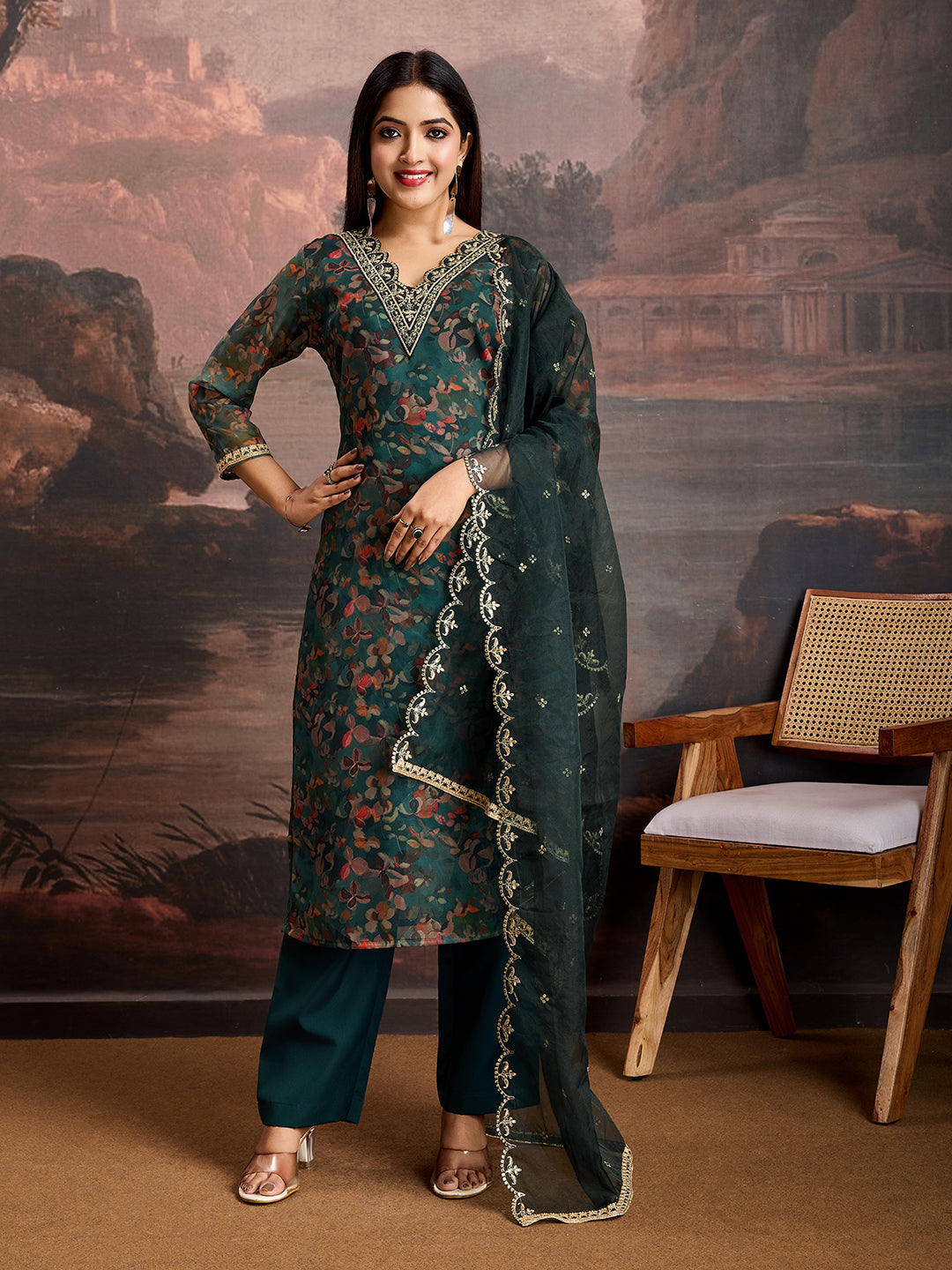 Green Color Organza Floral Printed Kurta Set