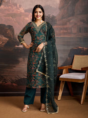 Green Color Organza Floral Printed Kurta Set