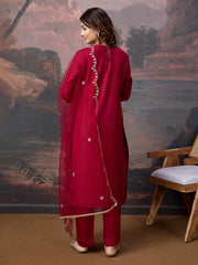 Silk Blend Embroidered Round Neck Kurta, Pant and Dupatta Set.