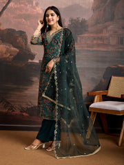 Green Color Organza Floral Printed Kurta Set