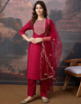 Silk Blend Embroidered Round Neck Kurta, Pant and Dupatta Set.