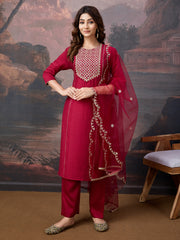 Silk Blend Embroidered Round Neck Kurta, Pant and Dupatta Set.